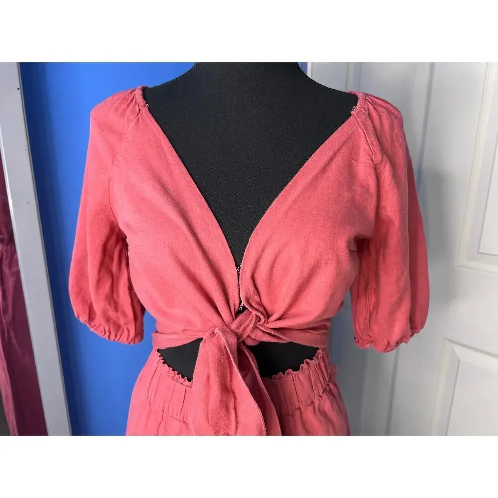 Abercrombie & Fitch Linen Blend 2PC Set Crop TieTop Wide Leg Pants Women XS Pink